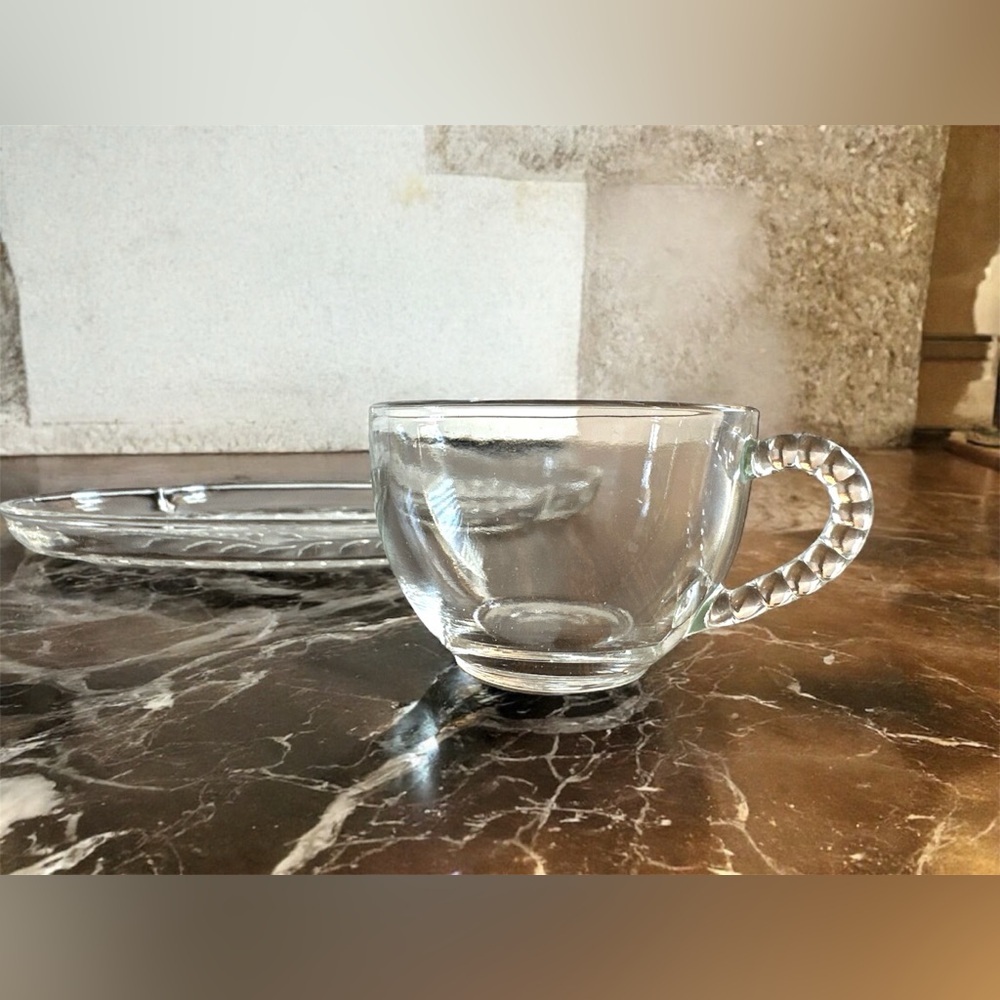 1950’s Vintage Federal Pressed Glass Hospitality Snack Tray Set with Glass Cup - Picture 3 of 5